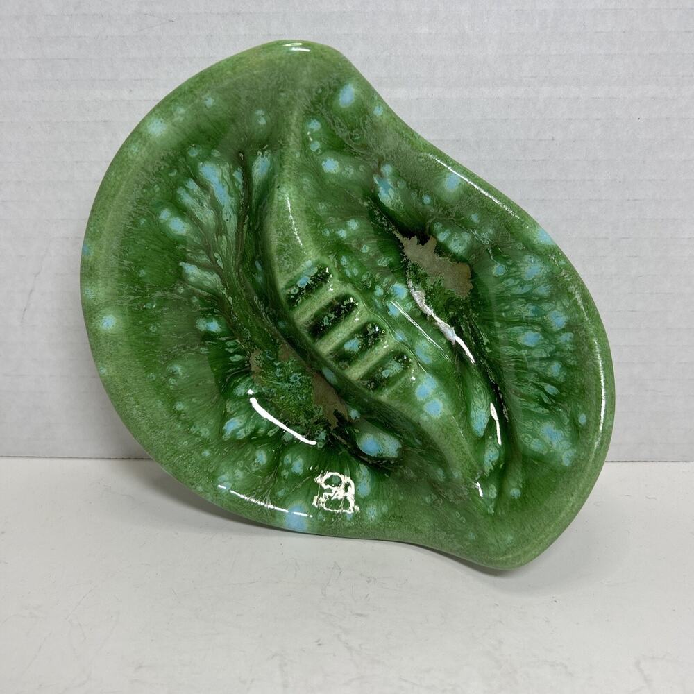 Vtg Ashtray Green Blue Multicolor Drip Glaze Raised Side Ceramic Pottery MCM